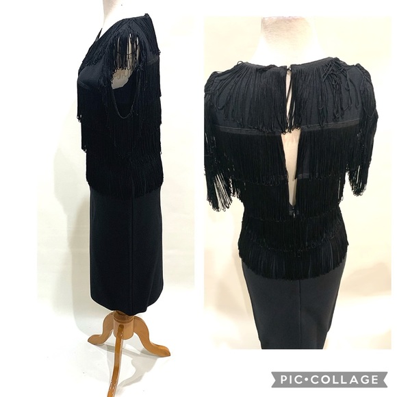 BRAND NEW JS COLLECTIONS OFF SHOULDER BLACK BANDAGE MIDI FRINGE BODICE DRESS - Picture 4 of 5